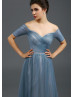 Off Shoulder Gray Blue Tulle Pleated Long Evening Dress